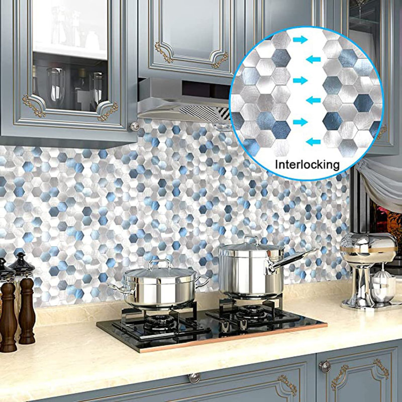 Ivy Bronx Hexagons peel and stick metal tile backsplash for bathroom